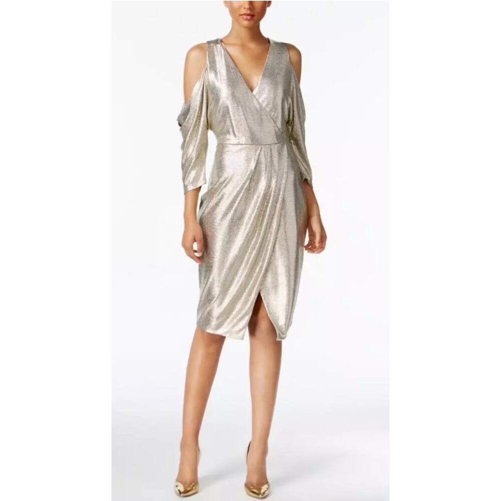 Rachel Roy Shiny Gold V-neck Cold Shoulder Wrap Dress, Keyhole Back, Size XL